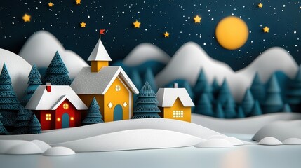 Wall Mural - Cozy cabin nestled in a snowy winter landscape surrounded by snow capped mountains and a starry night sky  Warm glowing lights from the cabin windows create a festive and inviting atmosphere