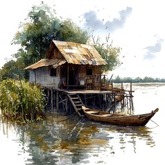 Wall Mural - Watercolor Painting of a Rustic Stilt House on a Calm River with a Wooden Boat.