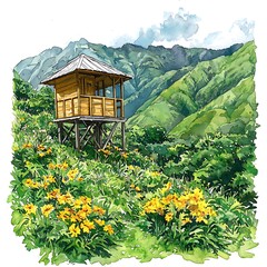 Wall Mural - Watercolor Painting of a Wooden Gazebo on a Hillside with Yellow Flowers and Mountain Views.