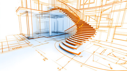 Fototapete - A stylized architectural rendering of a spiral staircase, featuring clean lines and an outlined structure in a minimalistic design