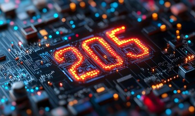 Glowing number 205 on dark circuit board.