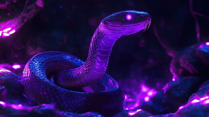 Wall Mural - Glowing purple snake coiled in dark, fiery environment.