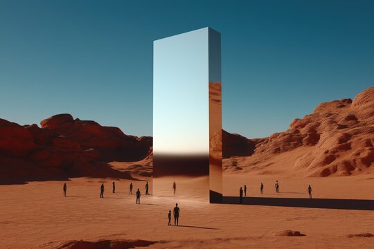 futuristic monolith in a desert landscape with silhouettes of people exploring the surreal setting