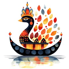 Wall Mural - Artistic Watercolor Painting of a Stylized Bird on a Boat, Autumnal Colors.