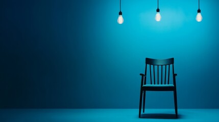 Wall Mural - A well-lit chair is placed in the center of a blue room, with hanging bulbs and spotlights shining directly on the chair, dimming along the edges.