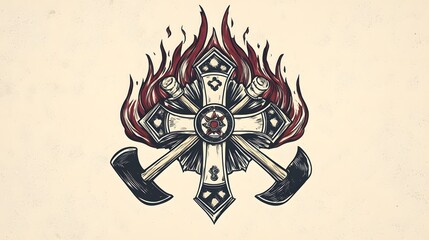 Wall Mural - Flaming Cross with Two Axes a Bold Design