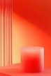 © Sarawut - A modern, minimalist design with a cylindrical red podium against a red gradient backdrop, accented by glass vertical lines for a sophisticated look