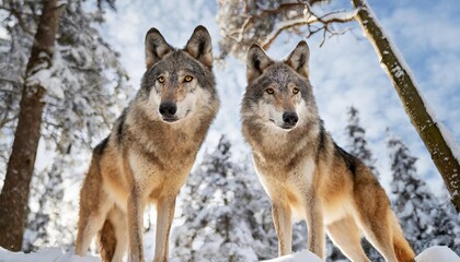  Pair of Wolves Standing in Snow-Covered Forest Observing Their Surroundings