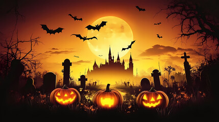 Wall Mural - A spooky cemetery on halloween night, with eerie pumpkins, bats flying, a haunted castle looming in the distance, and a glowing full moon overhead. Looming. Illustration