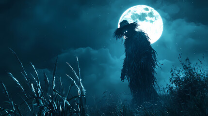 A spooky scarecrow looms in the dark of night under a glowing full Looming. Illustration