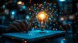 © DARIKA - Abstract idea of innovation with a glowing light bulb surrounded by dynamic interconnected polygons above a textbook on a dark blue background symbolizing learning and creativity