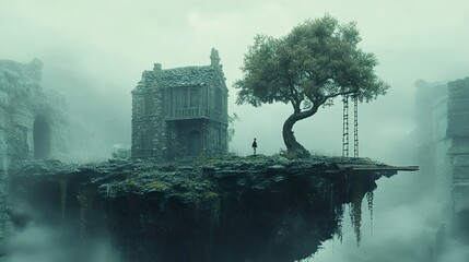 Poster - Enigmatic Stone House on Foggy Clifftop