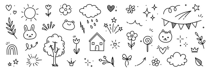 Wall Mural - cute kid icon element line flower, cloud, heart background. hand drawn doodle cute cartoon scribble 