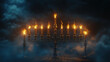 © Keopaserth - stunning golden menorah with flames illuminating dark, smoky background creates dramatic and spiritual atmosphere