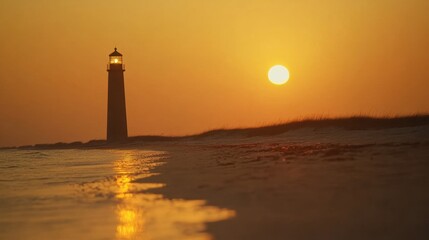 Wall Mural - Golden hues from the sunset reflect on the calm water, highlighting a lighthouse standing tall on a serene beach