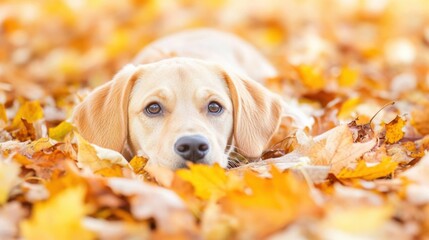 Canvas Print - A curious puppy rests among vibrant autumn leaves, observing the gentle fall of leaves while enjoying the calmness of a sunny afternoon