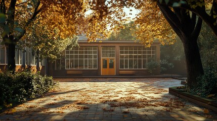 Canvas Print - Autumn leaves on the school grounds. A picturesque autumn scene with golden leaves scattered on the pavement.