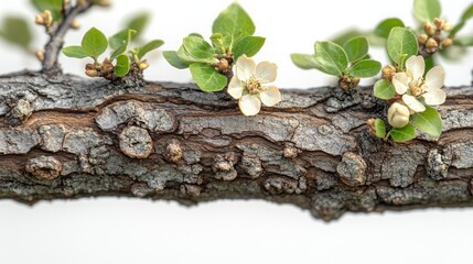 Close-up of tree branch with blossoms and textured bark against white background.