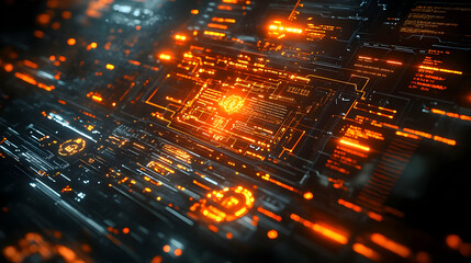 Futuristic digital interface with glowing data patterns and circuits.
