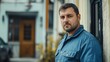 © 楠 刘 - A plump, tired man in a blue work shirt stands in front of the apartment threshold, looking weary and cautious, reflecting the life of a hardworking, humble individual in a gloomy, quiet atmosphere.
