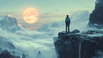 Canvas Print - Majestic Mountain Landscape: Hiker and Full Moon