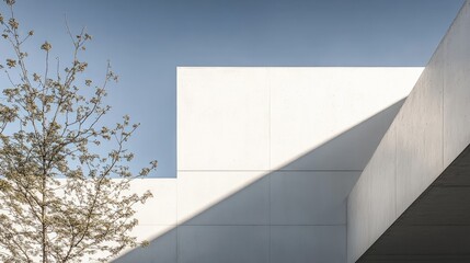 Wall Mural - Minimalist white building exterior with tree and sunlight shadows.