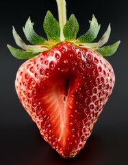 Canvas Print - A vibrant, juicy strawberry, halved to reveal its succulent interior, stands out against a dark background.