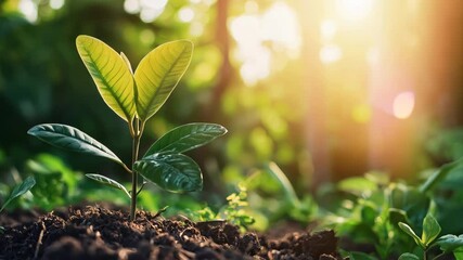 Wall Mural - Green Plant Emerging from Soil with Soft Sunlight in a Lush Nature Background