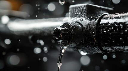 close-up of water droplet on black pipe with blurred background