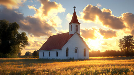 Poster - Sunset Church in Golden Field, Peaceful Scene