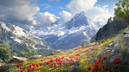 Wall Mural - Scenic Alpine Landscape with Vibrant Flowers and Majestic Mountains