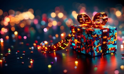 Pixelated gift box with shiny ribbon on dark, bokeh background.