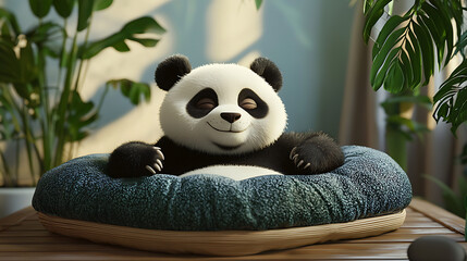 A cartoon panda is laying on a blue blanket