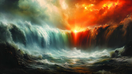 Poster - Dual Waterfall: Nature's Fiery & Serene Power, Dramatic Contrast in Vivid Colors