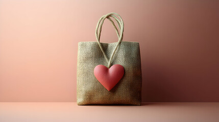 Wall Mural - A burlap bag with a heart-shaped tag, symbolizing love or gift-giving.