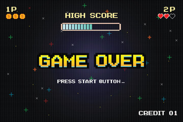Wall Mural - game over. insert a coin to continue. synthwave wireframe net illustration. pixel art. 8 bit game. r