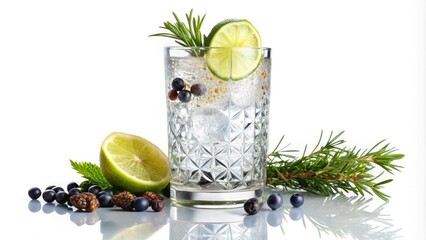 Wall Mural - Crystal highball, lime, juniper berries: a minimalist gin & tonic on white.