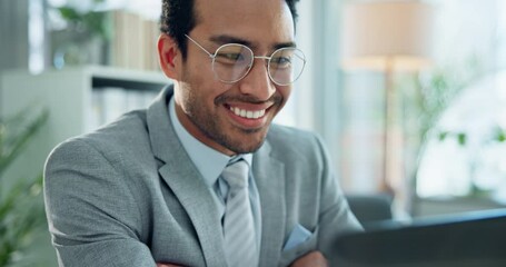 Poster - Business man, laptop and smile with finance project success and good news on email in office. Accountant, worker, and investment research for financial opportunity and happy from stock market growth