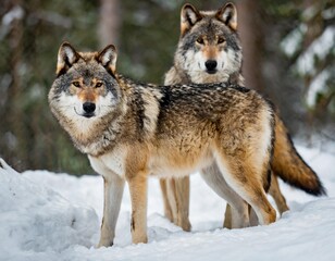  Pair of Wolves Standing in Snow-Covered Forest Observing Their Surroundings