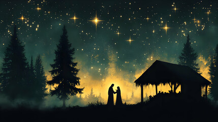 Wall Mural - Night Sky, Starry Scene, Golden Glow, Peaceful Figures, Serene Forest