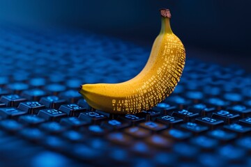 banana with binary code on keyboard.
