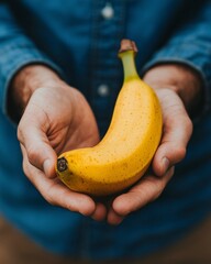 Wall Mural - Close-up of hands holding a ripe yellow banana.