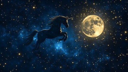 Sticker - Black Unicorn Leaping Across a Starry Night Sky