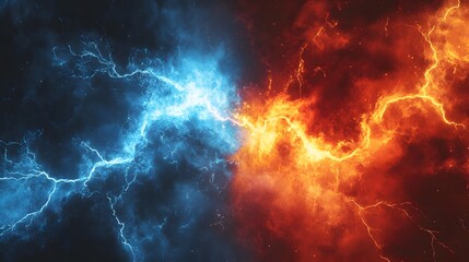 Wall Mural - Fiery Lightning Clashing Against Icy Blue Bolts