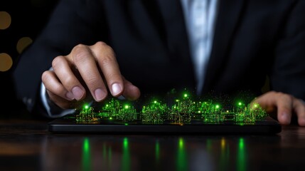 Wall Mural - businessman typing on keyboard with green digital elements displayed
