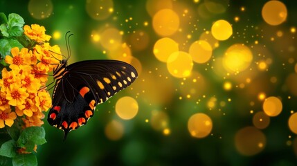 Sticker - Vibrant Butterfly on Flower with Bokeh Background and Greenery