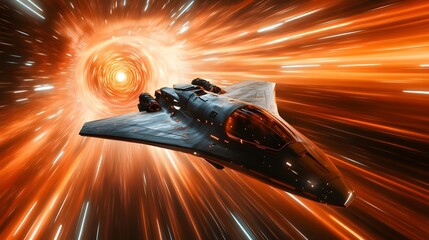 Wall Mural - Spaceship Traveling Through Orange Wormhole