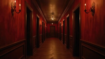 Poster - Dark Red Hallway With Many Doors and Candles