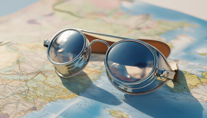 Wall Mural - Vintage aviator goggles resting on a map.  Generative AI.