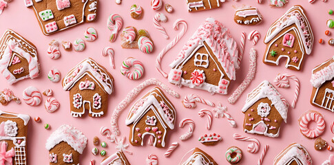 Festive gingerbread houses and candies arranged on a pink background for holiday decoration.